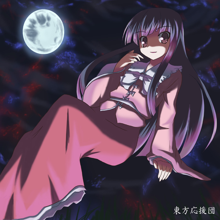 akiyasu, houraisan kaguya, touhou, 1girl, blouse, blush, bow, bowtie, collar, evil smile, female focus, full moon, long hair, long skirt, long sleeves, looking at viewer, moon, night, night sky, red skirt, shaded face, shirt, sitting, skirt, sky, smile, solo, touhuya, very long hair, white bow, white bowtie