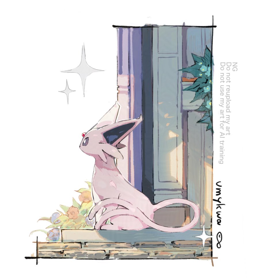 aisutabetao, espeon, nintendo, pokemon, animal focus, colored sclera, doorway, flower, forehead jewel, forked tail, full body, gem, gen 2 pokemon, no humans, outdoors, pink fur, plant, pokemon (creature), pokemon focus, potted plant, purple eyes, purple fur, purple sclera, red gemstone, sitting, solo, tail
