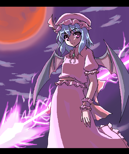 akiyasu, remilia scarlet, touhou, 1girl, bat wings, female focus, full moon, hat, letterboxed, mob cap, moon, outdoors, polearm, red moon, skirt, sky, solo, spear, spear the gungnir, touhuya, weapon, wings