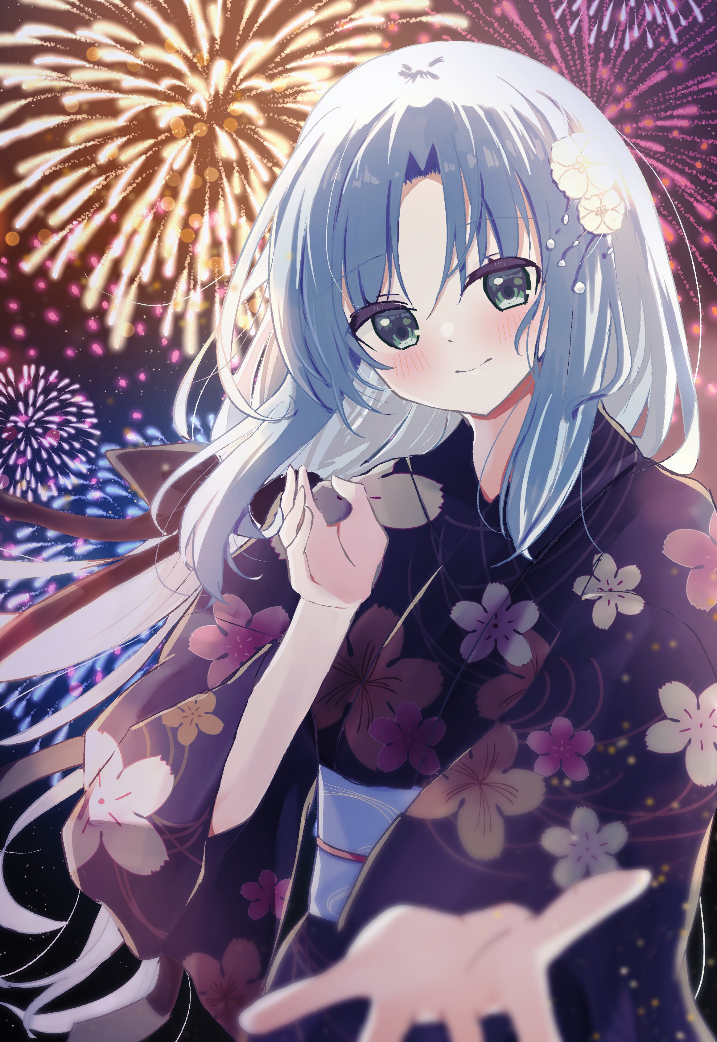 sakaniwa t, nonohara hinazakura, himawari no kyoukai to nagai natsuyasumi, absurdres, commentary request, highres, 1girl, aerial fireworks, backlighting, black bow, black ribbon, blue hair, blue kimono, blurry, blush, bow, cherry blossom print, closed mouth, cowboy shot, day, depth of field, eyes visible through hair, festival, fireworks, floating hair, floral print, floral print kimono, flower, green eyes, hair between eyes, hair bow, hair flower, hair ornament, hair ribbon, hand up, japanese clothes, kimono, long hair, long sleeves, looking at viewer, night, night sky, outdoors, outstretched hand, print kimono, reaching, reaching towards viewer, ribbon, sidelocks, sky, smile, solo, split mouth, very long hair, white flower, wide sleeves, yukata