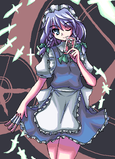akiyasu, izayoi sakuya, touhou, 1girl, between fingers, blue eyes, blue hair, braid, card, female focus, holding, holding card, knife, maid, maid headdress, matching hair/eyes, one eye closed, short hair, smile, solo, throwing knife, touhuya, twin braids, weapon, wink