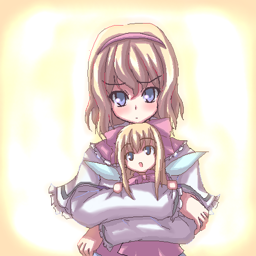 akiyasu, alice margatroid, shanghai doll, touhou, lowres, 1girl, blonde hair, blush, female focus, hug, hugging doll, hugging object, oekaki, short hair, solo, touhuya