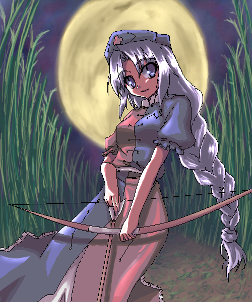 akiyasu, yagokoro eirin, touhou, 1girl, bow (weapon), dress, female focus, hat, moon, outdoors, plant, sky, solo, touhuya, weapon