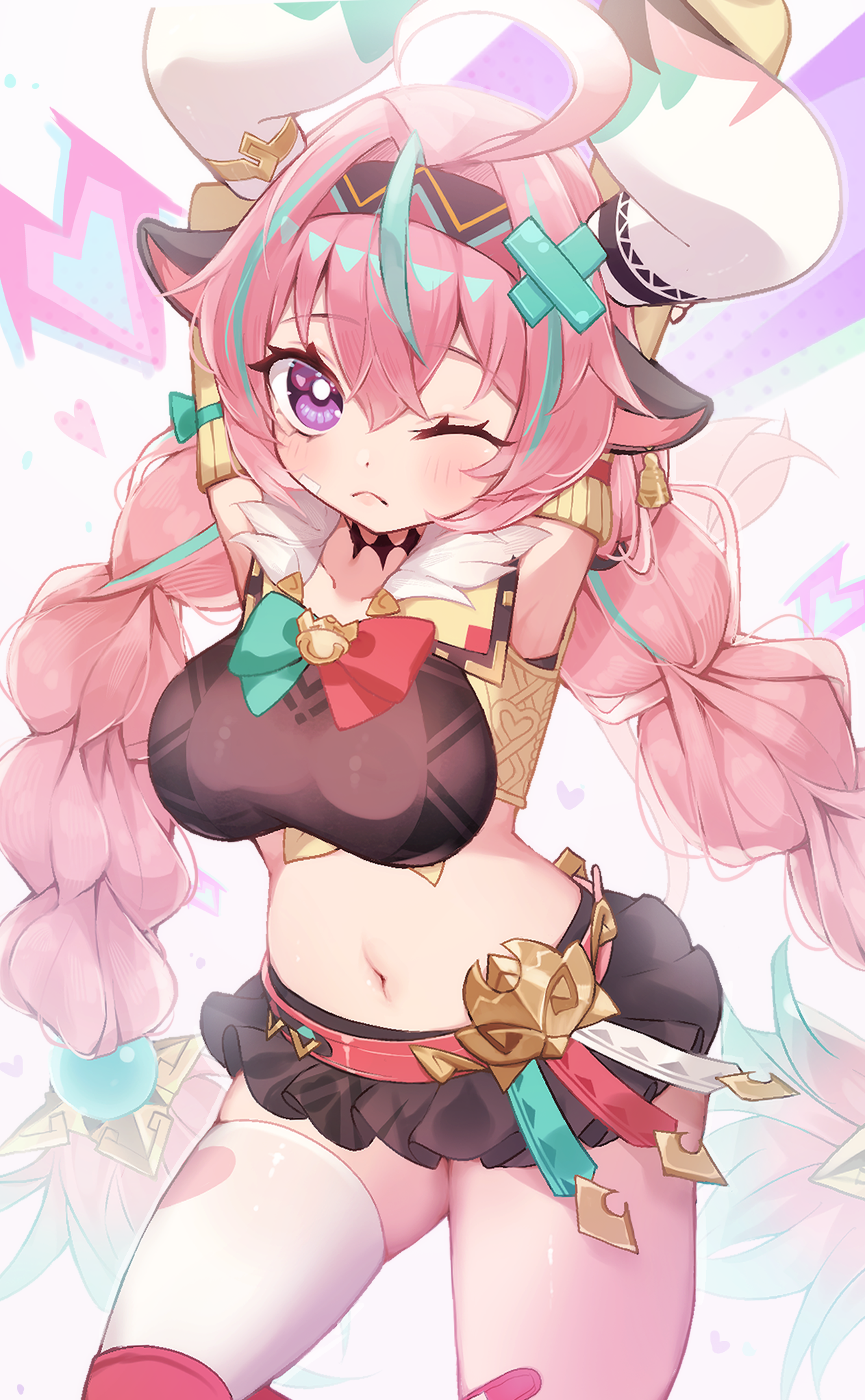 yama (toaru puyopuyo), varesa (genshin impact), genshin impact, commentary request, highres, 1girl, ;(, animal ears, aqua hair, arms up, asymmetrical legwear, bandaid on thigh, belt, braid, breasts, bright pupils, brown skirt, closed mouth, cow ears, cow girl, cow horns, cowboy shot, crop top, detached sleeves, fur trim, hair ornament, horns, large breasts, long hair, looking at viewer, midriff, miniskirt, multicolored hair, navel, pink hair, purple eyes, red belt, single thighhigh, skirt, solo, streaked hair, thighhighs, twin braids, white horns, white pupils, x hair ornament, yellow sleeves