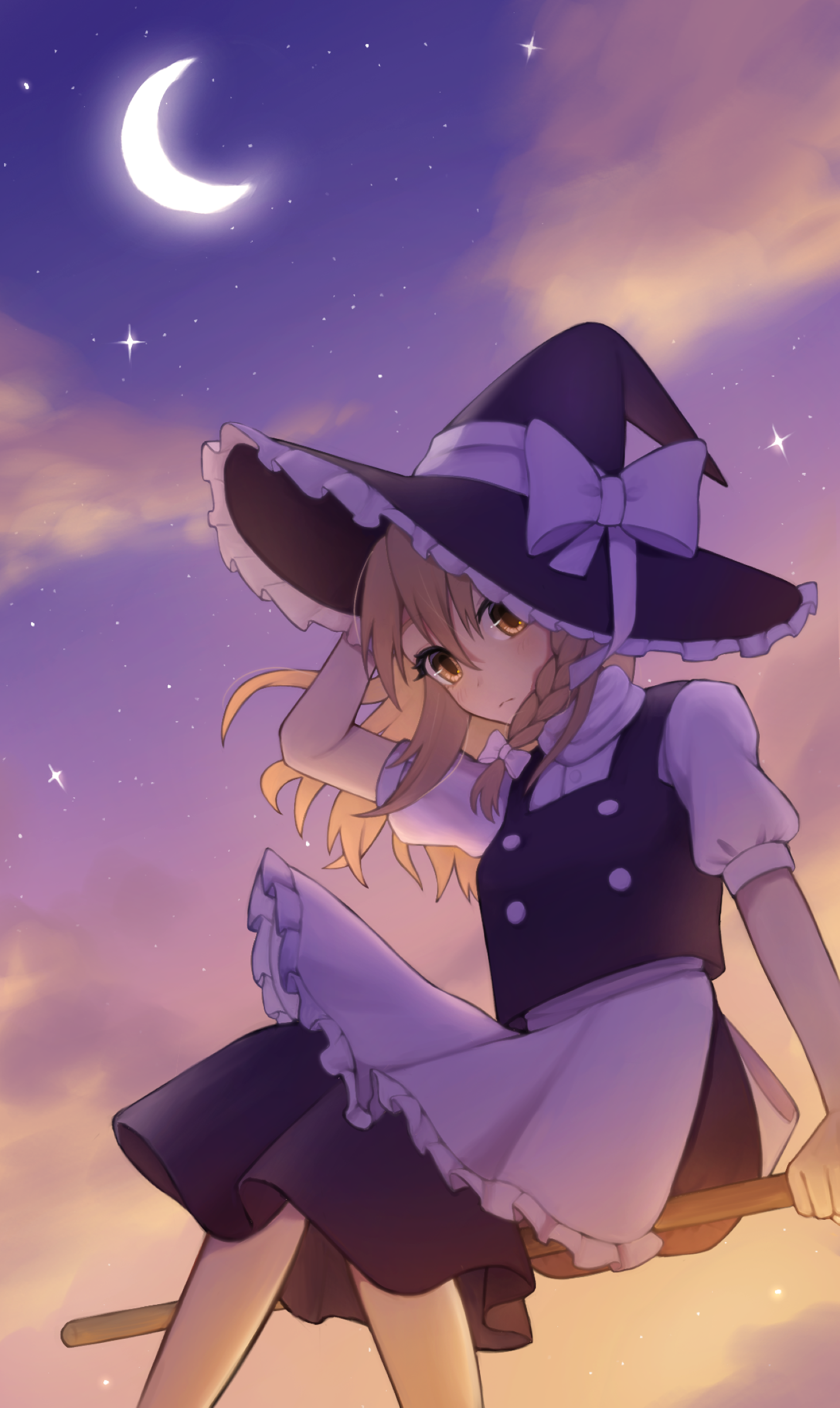 kirisame marisa, touhou, absurdres, commentary, highres, 1girl, apron, azumayu, black hat, black vest, blonde hair, bow, braid, broom, broom riding, cloud, crescent moon, feet out of frame, flying, frilled apron, frilled hat, frills, hair bow, hat, hat bow, light blush, light frown, long hair, looking down, moon, night, night sky, shirt, short sleeves, single braid, sky, solo, star (sky), starry moon, starry sky, sunset, vest, white apron, white bow, white shirt, yellow eyes