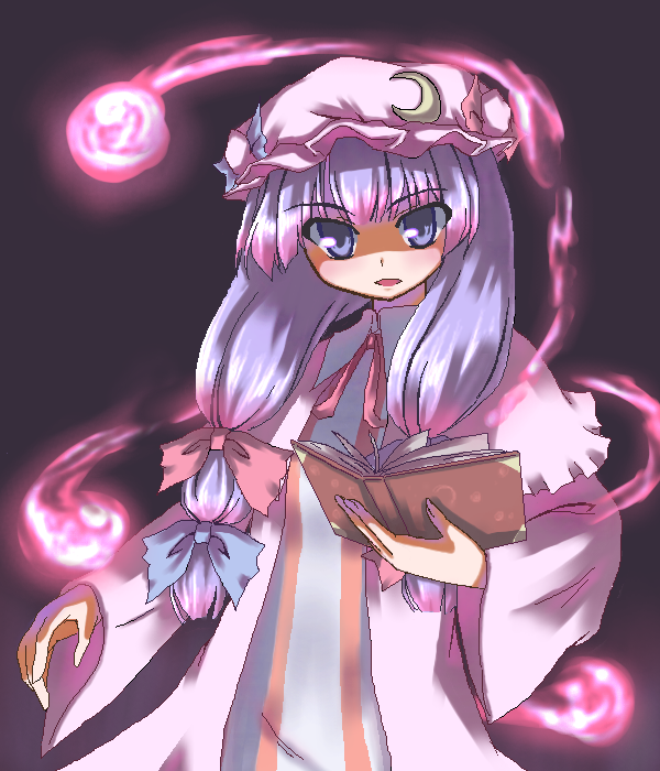 akiyasu, patchouli knowledge, touhou, 1girl, book, bow, female focus, glowing, hat, long hair, magic, open mouth, pink bow, purple eyes, purple hair, solo, touhuya