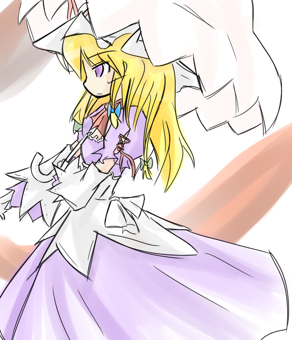 yantora (toraya), yakumo yukari, touhou, 1girl, blonde hair, cowboy shot, dress, elbow gloves, female focus, from side, gloves, long sleeves, profile, puffy short sleeves, puffy sleeves, purple dress, short hair, short sleeves, sketch, solo, standing, umbrella, white gloves