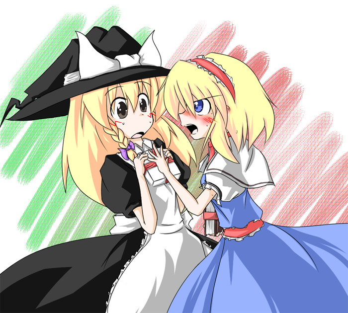 yantora (toraya), alice margatroid, kirisame marisa, touhou, 2girls, angry, blonde hair, blush, female focus, gift, hat, multiple girls, tsundere, witch hat