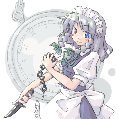 arnest, izayoi sakuya, touhou, silver hair, lowres, 1girl, braid, clock, female focus, knife, short hair, solo, throwing knife, twin braids, weapon