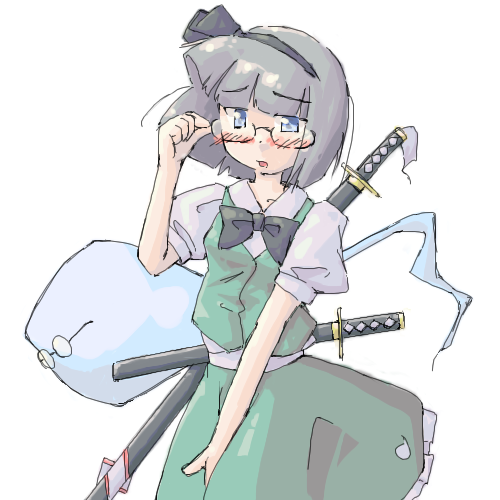 arnest, konpaku youmu, konpaku youmu (ghost), touhou, lowres, 1girl, adjusting eyewear, bespectacled, blush, female focus, glasses, hitodama, katana, looking over eyewear, sheath, sheathed, simple background, solo, standing, sword, weapon, white background