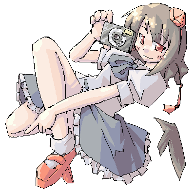 arnest, shameimaru aya, touhou, lowres, 1girl, camera, female focus, geta, hat, looking at viewer, oekaki, smile, smirk, solo, tengu-geta