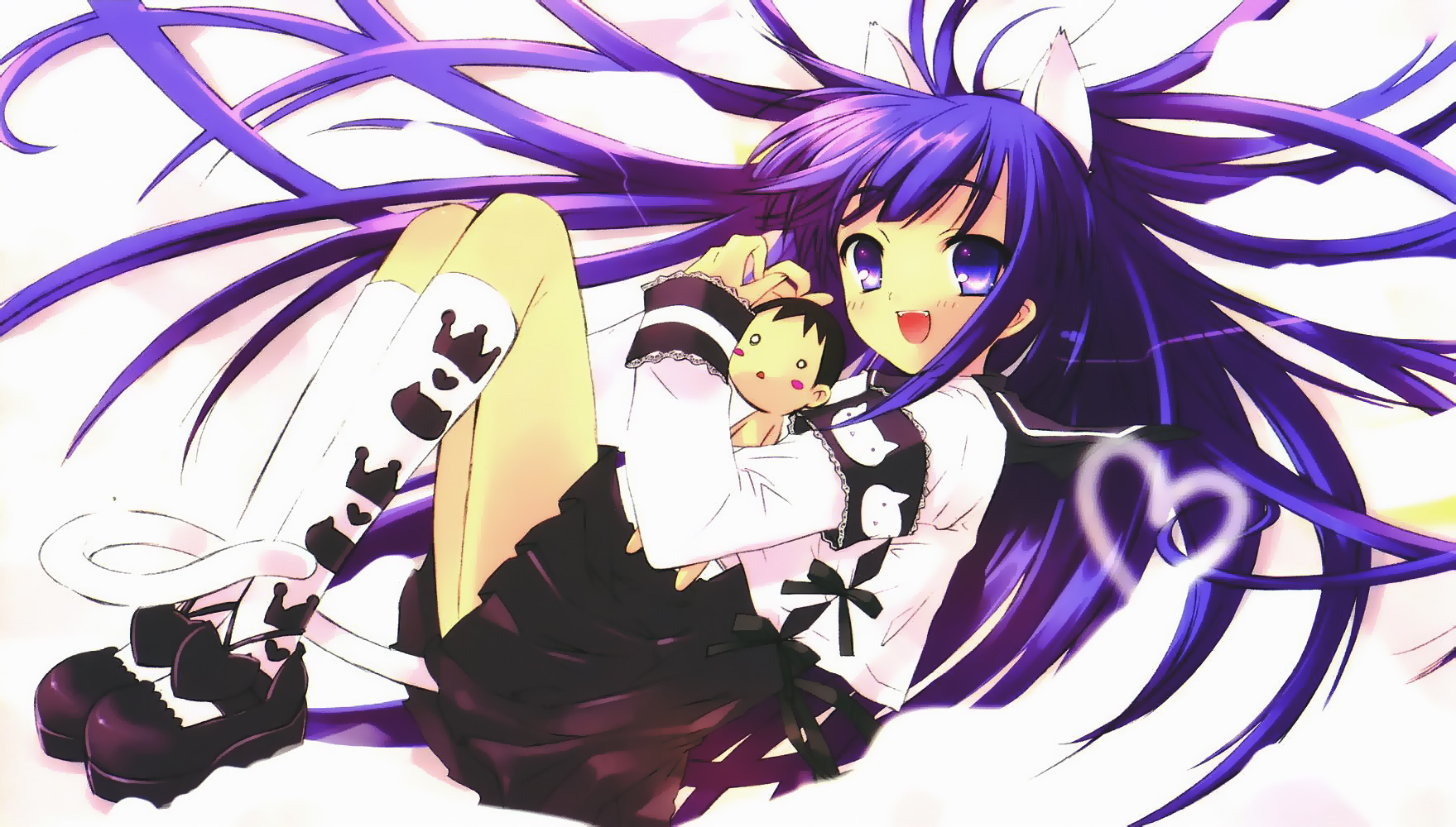 ito noizi, hazuki (tsukuyomi), tsukuyomi moonphase, highres, 00s, 1girl, :d, :o, animal ears, blush stickers, cat ears, cat tail, chibi, female focus, gothic lolita, heart, kneehighs, lolita fashion, long hair, looking at viewer, mini person, miniboy, o o, open mouth, purple eyes, purple hair, shoes, skirt, smile, socks, solo, tail