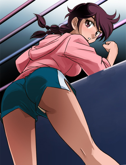 haruyama kazunori, takane kiku, ring ni kakero, 1girl, ass, boxing ring, braid, breasts, brown eyes, brown hair, female focus, from below, hood, hoodie, leaning forward, panties, shorts, sleeves rolled up, solo, twin braids, underwear, upshorts