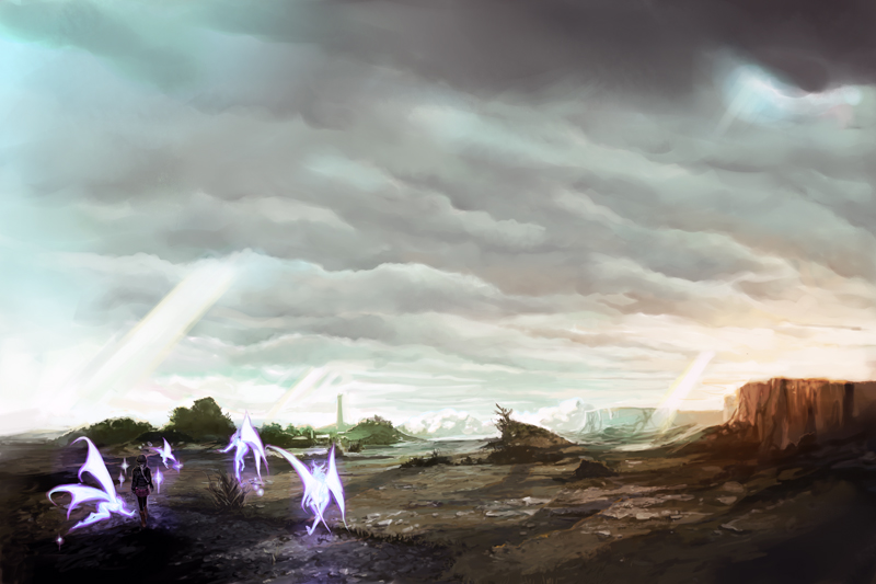ellen (folkssoul), folkssoul, official art, 1girl, cloud, cloudy sky, day, desert, female focus, from behind, glowing, light rays, rock, scenery, sky, solo, standing, sunlight