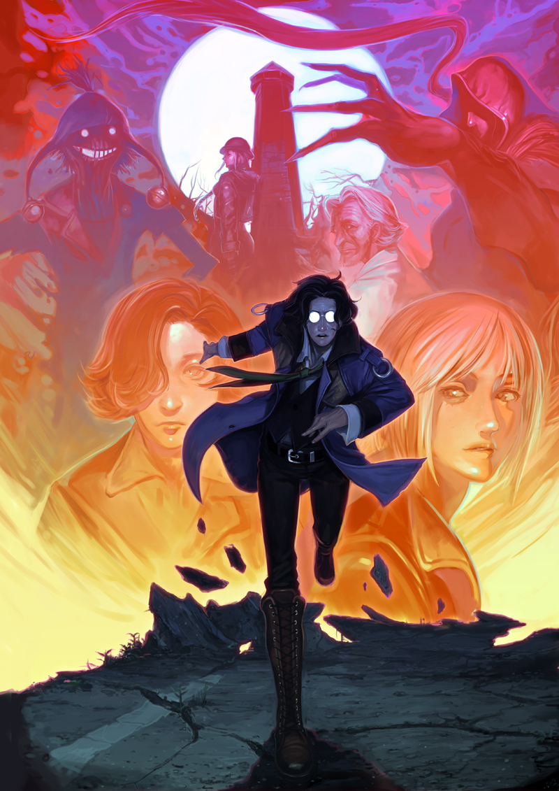 ellen (folkssoul), keats, folkssoul, 2girls, 3boys, black hair, black necktie, cliff, collared shirt, destruction, dress shirt, formal clothes, full moon, glowing, glowing eyes, jacket, long sleeves, looking at viewer, moon, moonlight, multiple boys, multiple girls, necktie, open clothes, open jacket, pants, running, running towards viewer, shirt, silhouette, suit, upper body, white shirt