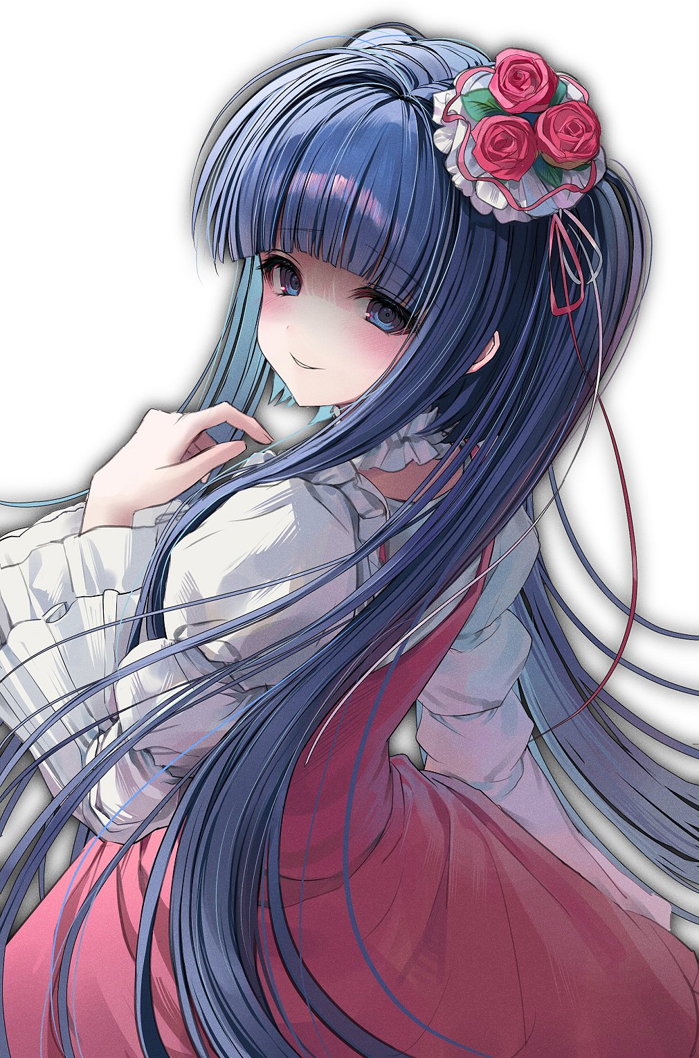 c0m3 as y0u ar3, furudo erika, umineko no naku koro ni, commentary, highres, variant set, 1girl, blue eyes, blue hair, blunt bangs, blush, choker, closed mouth, collar, cross-laced clothes, cross-laced skirt, dress, evil smile, flower, frilled choker, frilled collar, frilled sleeves, frills, hair flower, hair ornament, hand up, high-waist skirt, lolita fashion, long hair, long sleeves, looking at viewer, looking back, outer glow, puffy sleeves, red flower, red rose, ribbon, rose, shaded face, shirt, sidelocks, simple background, skirt, smile, solo, twintails, very long hair, white background, white shirt, wide sleeves