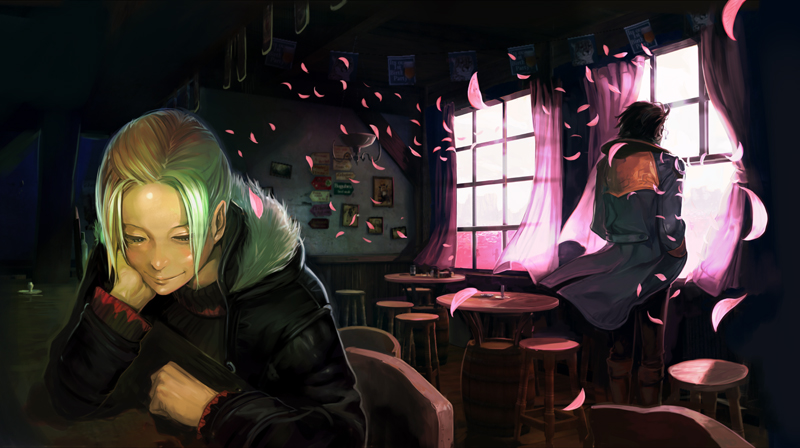 ellen (folkssoul), keats, folkssoul, looking away, official art, 1boy, 1girl, bar (place), cherry blossoms, coat, curtains, from behind, hands in pockets, head rest, indoors, long sleeves, looking at viewer, sidelocks, sitting, smile, standing, upper body, wind, window