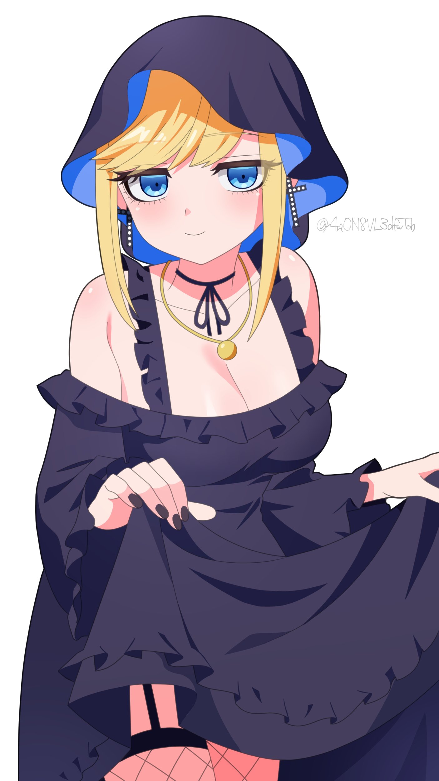 4rion, alice lendrott, shinigami bocchan to kuro maid, absurdres, commentary request, highres, 1girl, artist name, bare shoulders, black dress, black nails, black veil, blonde hair, blue eyes, breasts, choker, cleavage, closed mouth, clothes lift, collarbone, cowboy shot, dress, dress lift, fishnet thighhighs, fishnets, frilled dress, frills, jewelry, large breasts, lifting own clothes, locket, looking at viewer, pendant, ribbon choker, sidelocks, simple background, smile, solo, swept bangs, thighhighs, twitter username, veil, white background