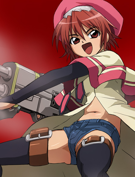 haruyama kazunori, cisqua, elemental gelade, 00s, 1girl, black thighhighs, female focus, gun, hat, navel, open mouth, red eyes, red hair, short hair, shorts, smile, solo, thighhighs, upshorts, weapon