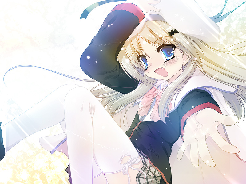 akahito, noumi kudryavka, little busters!, silver hair, 1girl, blue eyes, bow, cape, fang, female focus, outstretched arm, outstretched hand, pink bow, plaid clothes, plaid skirt, reaching, school uniform, serafuku, skirt, solo, thighhighs, zettai ryouiki