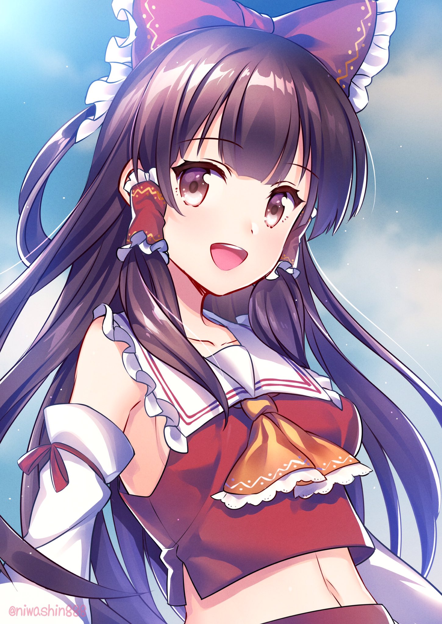 niwashi (yuyu), hakurei reimu, touhou, commentary request, highres, 1girl, :d, ascot, bare shoulders, blue sky, blurry, blurry background, bow, breasts, brown eyes, brown hair, cloud, cloudy sky, collar, detached sleeves, frilled ascot, frilled bow, frilled collar, frilled hair tubes, frills, hair bow, hair tubes, light blush, long hair, looking to the side, medium breasts, midriff, navel, open mouth, orange ascot, red bow, red ribbon, red shirt, ribbon, shirt, sideboob, sky, smile, solo, teeth, upper body, upper teeth only, white collar, white sleeves