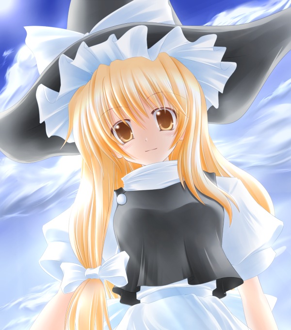 shirotsuki kouta, kirisame marisa, touhou, eyebrows, 1girl, apron, black hat, black skirt, black vest, blonde hair, blue sky, bow, closed mouth, cloud, day, female focus, from below, hair between eyes, hair bow, hat, hat bow, long hair, looking at viewer, shirt, skirt, sky, smile, solo, turtleneck, upper body, vest, waist apron, white apron, white bow, white shirt, witch hat, yellow eyes