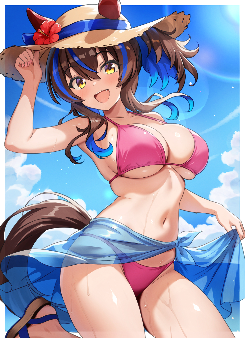 asanagi shion, daitaku helios (umamusume), umamusume, highres, 1girl, animal ears, bare shoulders, bikini, blue hair, blue sky, blush, breasts, brown hair, cleavage, ear covers, hat, horse ears, horse girl, horse tail, large breasts, long hair, looking at viewer, multicolored hair, navel, open mouth, pink bikini, sarong, side ponytail, sidelocks, sky, smile, solo, straw hat, streaked hair, swimsuit, tail, yellow eyes