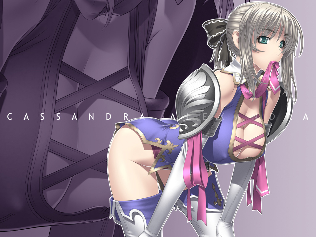 kansuke, cassandra alexandra, soul calibur, soulcalibur, soulcalibur iv, 1girl, ass, blonde hair, breasts, character name, cleavage, female focus, huge ass, huge breasts, necktie, pink necktie, solo, thighhighs, zoom layer