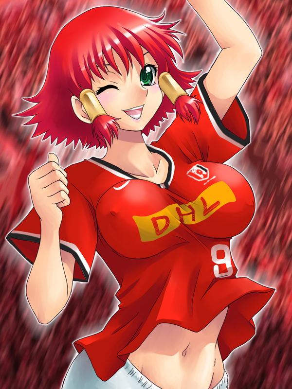 yaso shigeru, ruquia, original, quiz magic academy, 1girl, breasts, female focus, green eyes, huge breasts, impossible clothes, impossible shirt, large breasts, midriff, red hair, shirt, short hair, solo