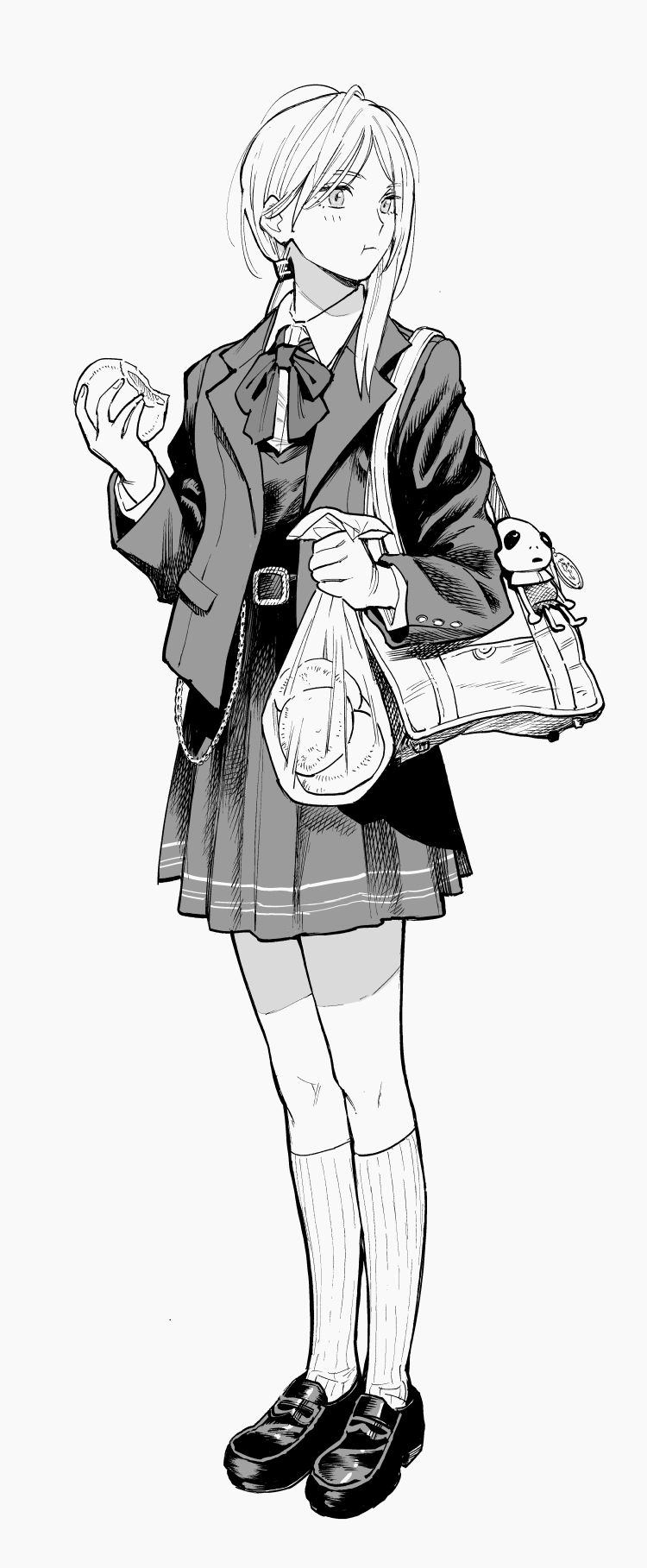 hiro (chumo), original, highres, 1girl, bag, bow, food, full body, greyscale, jacket, kneehighs, loafers, monochrome, pleated skirt, school bag, school uniform, shoes, skirt, socks, solo, standing