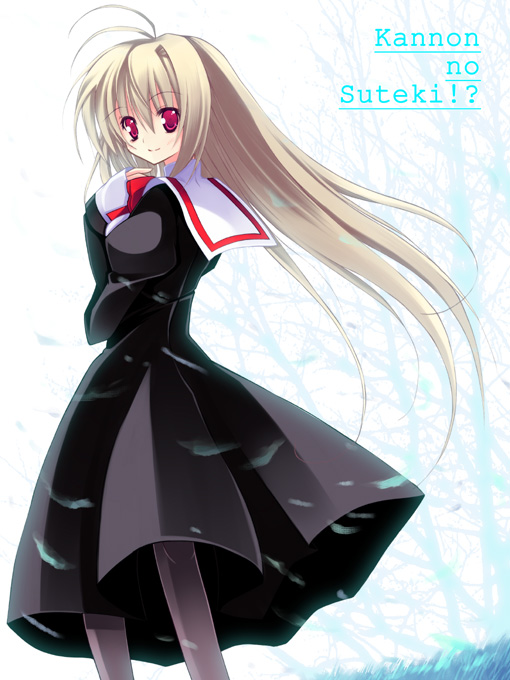 kannon ouji, miyanokouji mizuho, otome wa boku ni koishiteru, 00s, 1boy, blonde hair, dress, long hair, male focus, nature, outdoors, pantyhose, red eyes, school uniform, serafuku, sky, solo, trap, very long hair
