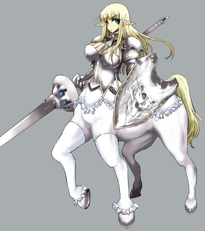 aoguu, original, 1girl, armor, blonde hair, breasts, centaur, centaur knight, fantasy, female focus, green eyes, huge breasts, knight, lace, lance, large breasts, lingerie, long hair, monster girl, pointy ears, polearm, shield, simple background, solo, spear, taur, thighhighs, underwear, warrior, weapon