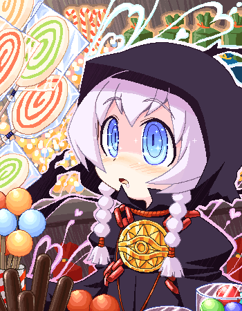 minami juujisei, curse maker, curse maker 2, atlus, etrian odyssey, lowres, 1girl, blue eyes, braid, candy, candy cane, chain, female focus, food, heart, hood, lollipop, pink hair, purple hair, solo, swirl lollipop, twin braids