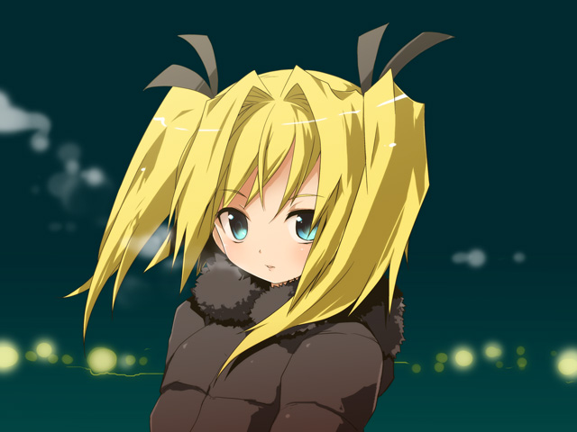 kamiyoshi rika, original, 1girl, aqua eyes, blonde hair, blush, brown coat, city lights, coat, expressionless, female focus, fur trim, looking at viewer, parted lips, solo, twintails, upper body, winter clothes, winter coat