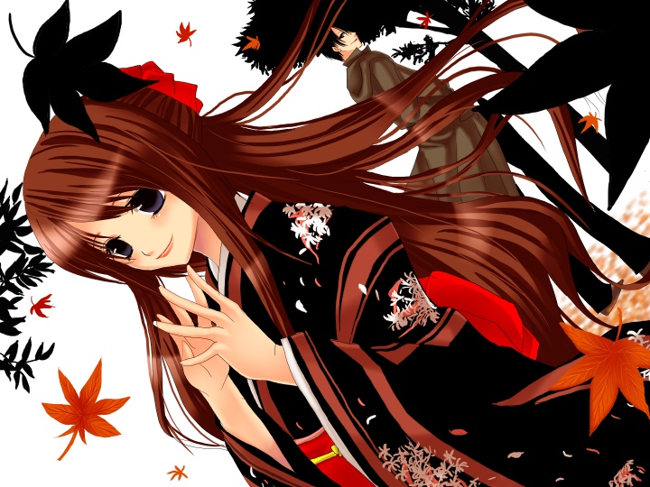 yui tooru, original, autumn, autumn leaves, brown hair, grey eyes, japanese clothes, kimono, leaf, solo