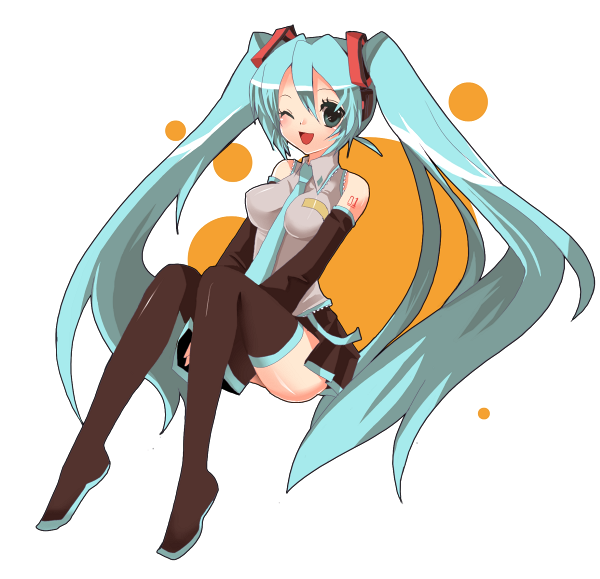 yui tooru, hatsune miku, vocaloid, black boots, blue hair, boots, hair ribbon, long hair, necktie, ribbon, solo, thighhighs, twintails, very long hair, zettai ryouiki