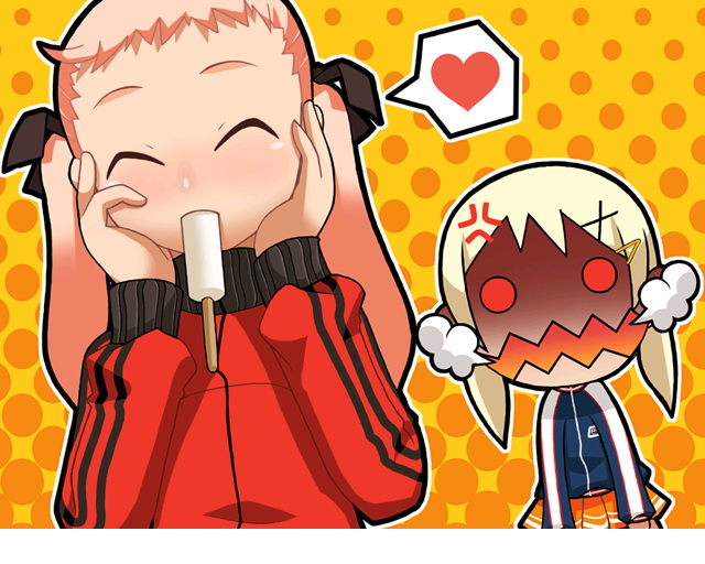 imaizumi teruhiko, 2girls, angry, female focus, food, ice cream, jacket, multiple girls, popsicle, skirt