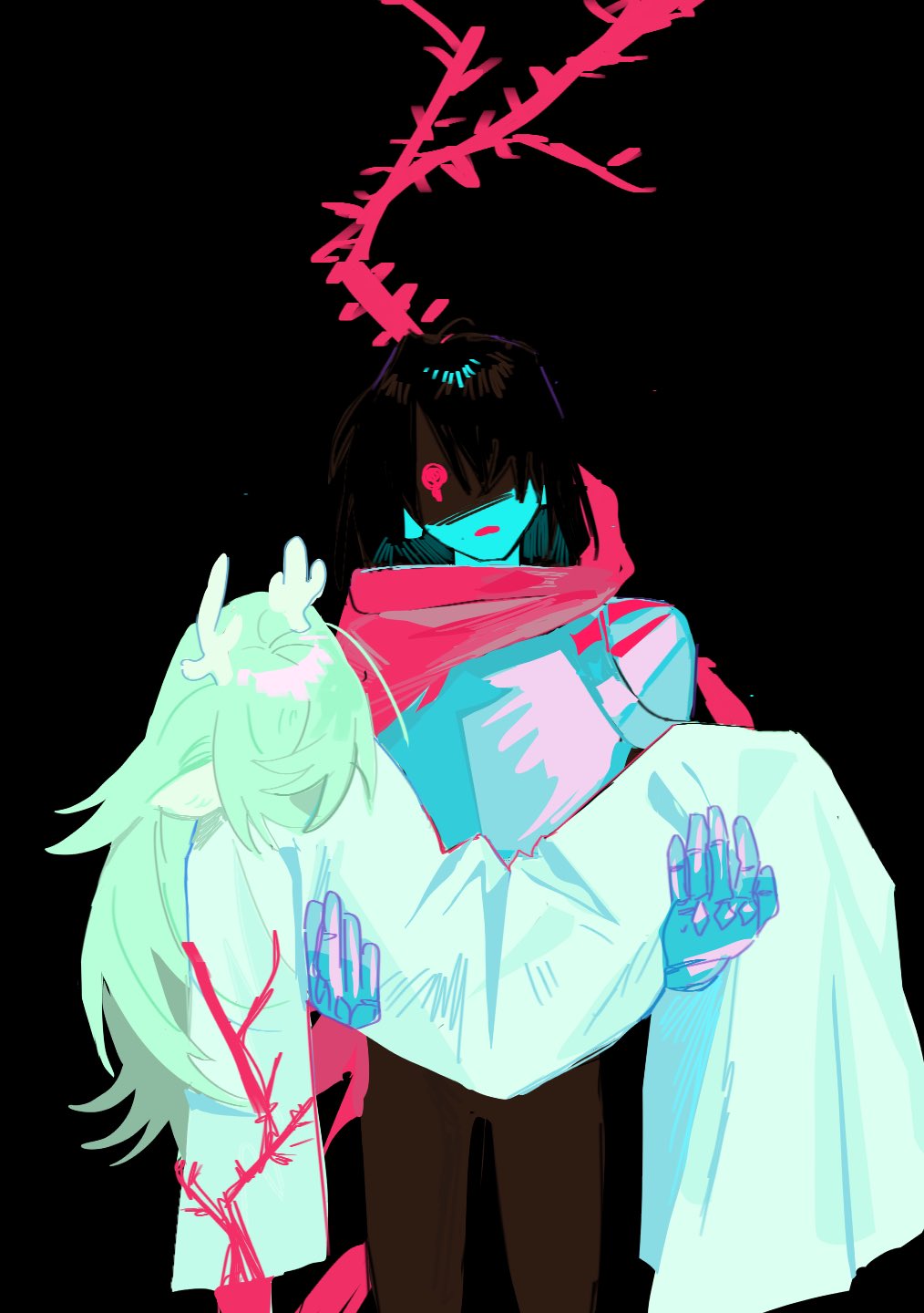 kris (dark world) (deltarune), kris (deltarune), noelle holiday, deltarune, utdr (toby fox), chinese commentary, commentary, highres, 1girl, 1other, antlers, armor, bkbkbkt, black background, black hair, blue skin, cape, carrying, carrying person, colored skin, deer antlers, deer girl, gloves, green hair, hair over one eye, horns, long hair, noelle holiday (dark world), open mouth, plant, red cape, red eyes, robe, short hair, side cape, thorns, vines, weird route (deltarune), white robe