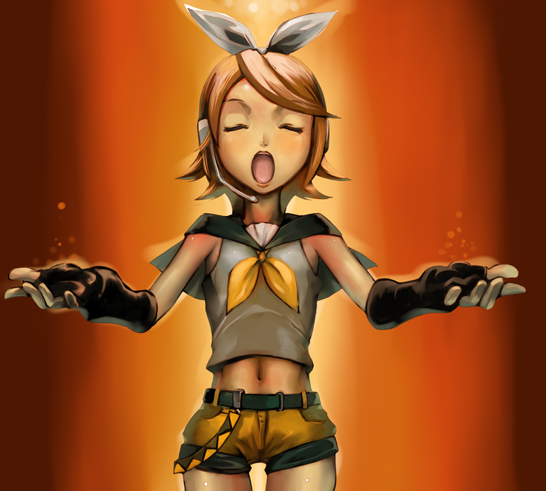 mikel (4hands), kagamine rin, vocaloid, blouse, closed eyes, gloves, microphone, midriff, shirt, short hair, short shorts, shorts, solo, white shirt