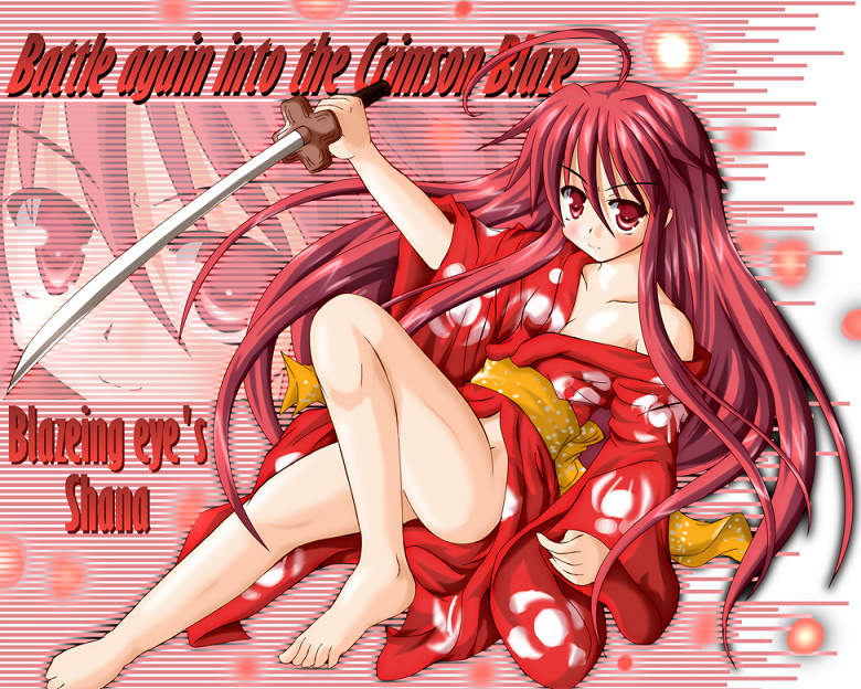 hiiragi tomoka, shana, shakugan no shana, 00s, 1girl, ahoge, barefoot, feet, female focus, japanese clothes, kimono, legs, no panties, off shoulder, red eyes, red hair, solo, sword, weapon