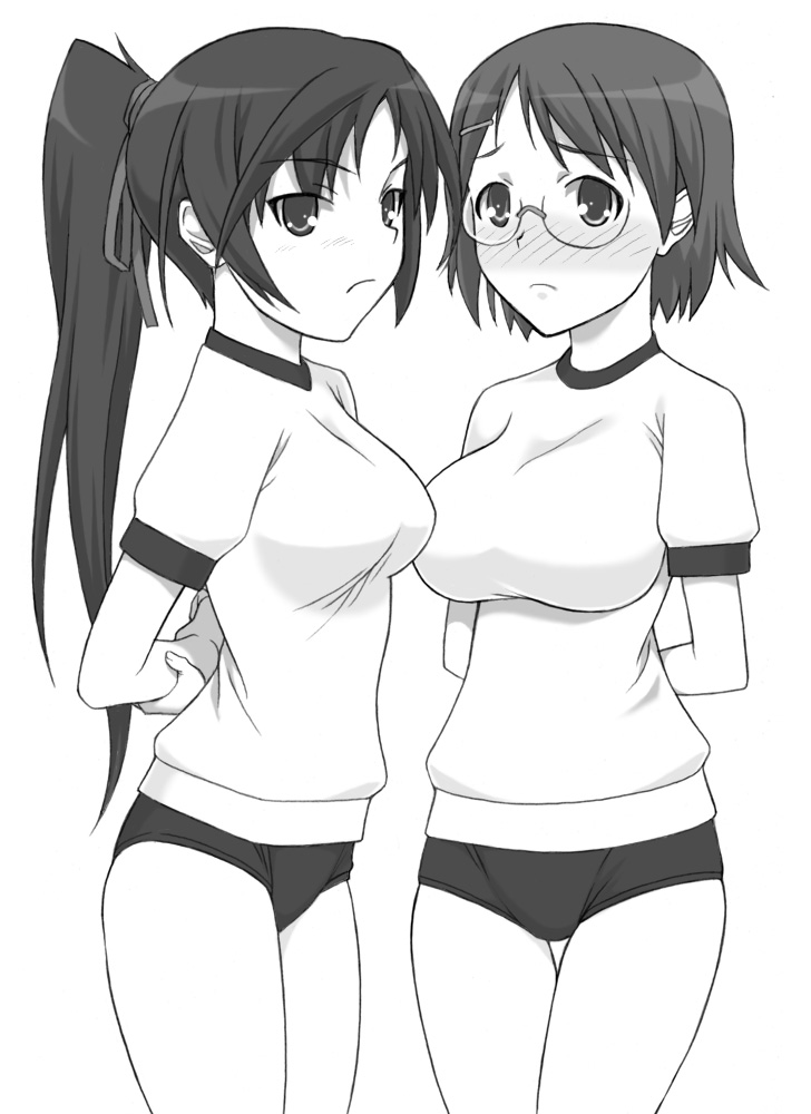 shichimenchou, fujieda nanae, ichijou eika, sky girls, 00s, arms behind back, breasts, buruma, glasses, greyscale, gym uniform, hair ornament, hairclip, large breasts, monochrome, ponytail