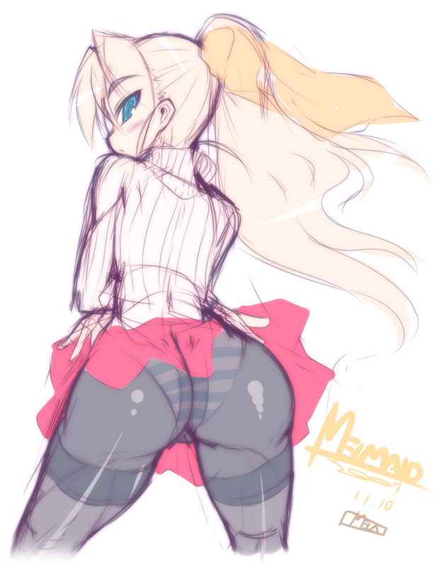 mel/a, melfina bluesky, original, 1girl, ass, blonde hair, blue eyes, blush stickers, clothes lift, crotch seam, female focus, from behind, panties, panties under pantyhose, pantyhose, ponytail, skirt, skirt lift, solo, striped clothes, striped panties, sweater, thighband pantyhose, turtleneck, underwear, upskirt