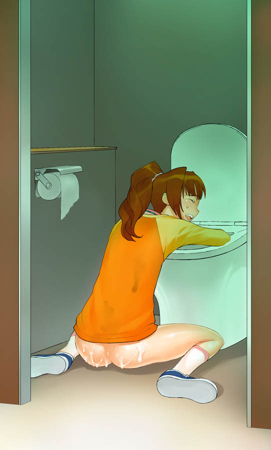 a1 (initial-g), takatsuki yayoi, idolmaster, idolmaster (classic), idolmaster 1, 00s, 1girl, bottomless, brown hair, collapsed, cum, exhausted, female focus, naked shirt, raglan sleeves, shirt, sick, solo, t-shirt, toilet, twintails