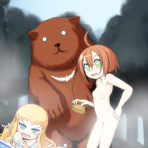 caryo, takeda yukimura, gunner (sekaiju), gunner 2 (sekaiju), medic (sekaiju), medic 2 (sekaiju), pet (sekaiju), pet 2 (sekaiju), atlus, etrian odyssey, brush, 2girls, :3, :o, ahoge, angry, armpits, bear, blonde hair, blue eyes, blush, completely nude, covering privates, crossed arms, day, embarrassed, flat chest, forest, green eyes, groin, loli, long hair, looking at viewer, multiple girls, nature, navel, nipples, nude, o o, onsen, open mouth, orange hair, outdoors, parted bangs, public indecency, public nudity, short hair, sky, splashing, standing, steam, submerged, surprised, tears, tree, water, you gonna get raped