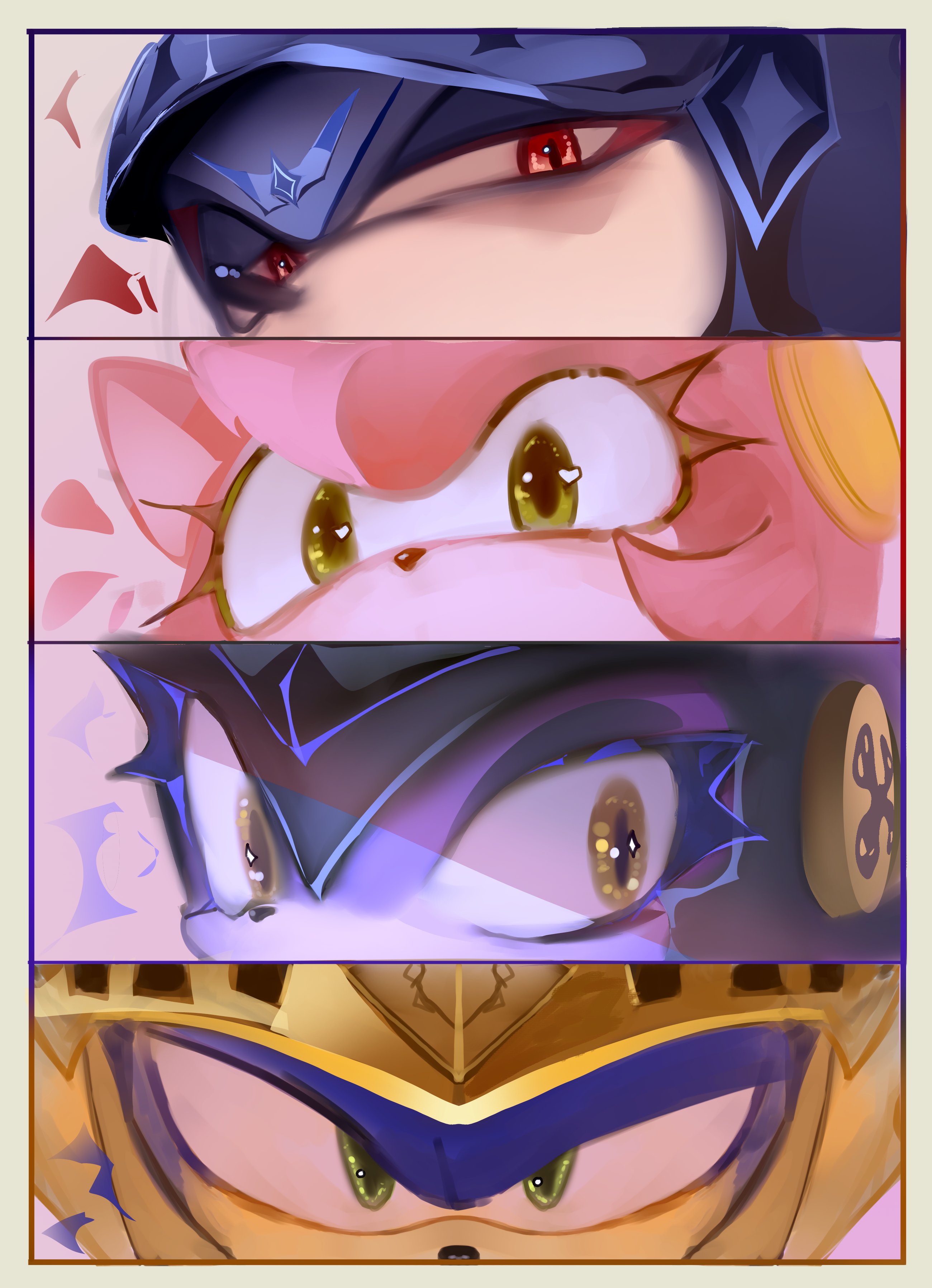 legochet, amy rose, blaze the cat, lancelot (sonic), nimue (sonic), percival (sonic), shadow the hedgehog, sonic the hedgehog, sonic (series), sonic and the black knight, absurdres, highres, 2boys, 2girls, armor, black fur, blue fur, cat girl, green eyes, hedgehog boy, hedgehog girl, looking at viewer, multiple boys, multiple girls, pink fur, purple fur, red eyes, yellow eyes