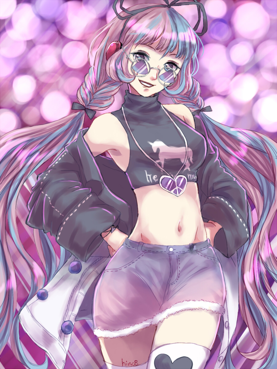 hino (8), miracle nikki, nikki (series), commentary, highres, 1girl, bare shoulders, black bow, black jacket, black ribbon, black shirt, blue hair, bow, braid, buttons, colored skin, cowboy shot, crop top, denim, denim skirt, eyelashes, eyeshadow, fur-trimmed skirt, fur trim, gradient clothes, gradient jacket, gradient skirt, grin, hair bow, hair ribbon, hands on own hips, happy, headphones, heart, heart necklace, heart print, jacket, jewelry, lipstick, long hair, low twin braids, low twintails, makeup, midriff, multicolored hair, multicolored jacket, multicolored skin, navel, necklace, open clothes, open jacket, peace symbol, pink hair, pink skirt, pocket, pom pom (clothes), purple-tinted eyewear, purple background, purple eyes, purple eyeshadow, purple skirt, raspberry pink rock (miracle nikki), red lips, ribbon, ribbon-trimmed jacket, ribbon-trimmed skirt, ribbon trim, round eyewear, shirt, signature, skirt, sleeve cuffs, sleeveless, sleeveless shirt, smile, solo, stage, standing, streaked hair, sunglasses, thighhighs, tinted eyewear, turtleneck, turtleneck shirt, twin braids, twintails, two-tone hair, two-tone jacket, two-tone skin, very long hair, wavy hair, white jacket, white thighhighs, zipper
