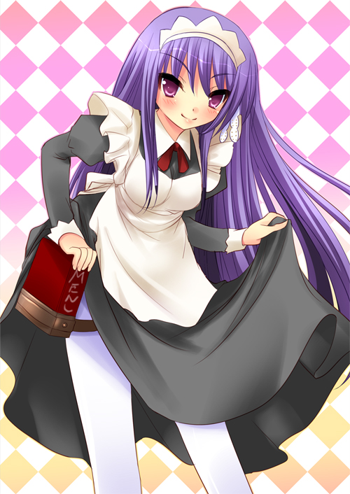 yukizuki chikuba, fujibayashi kyou, clannad, 00s, book, clothes lift, long hair, maid, pantyhose, purple eyes, purple hair, skirt, skirt lift, solo