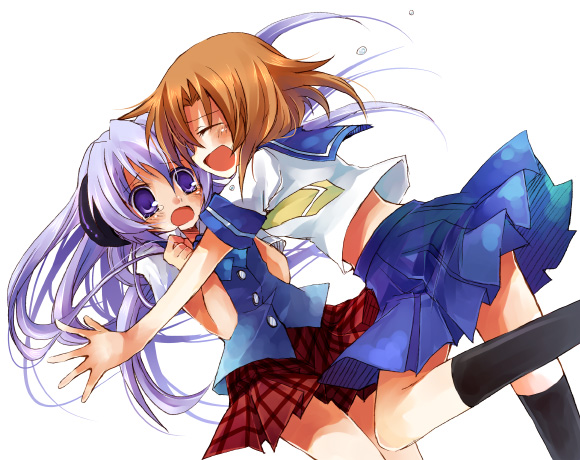 suzushiro kurumi, hanyuu, ryuuguu rena, higurashi no naku koro ni, 00s, 2girls, age difference, child, cowboy shot, feet out of frame, female focus, glomp, hug, multiple girls, onee-loli, school uniform, serafuku, simple background, standing, take it home, white background, yuri
