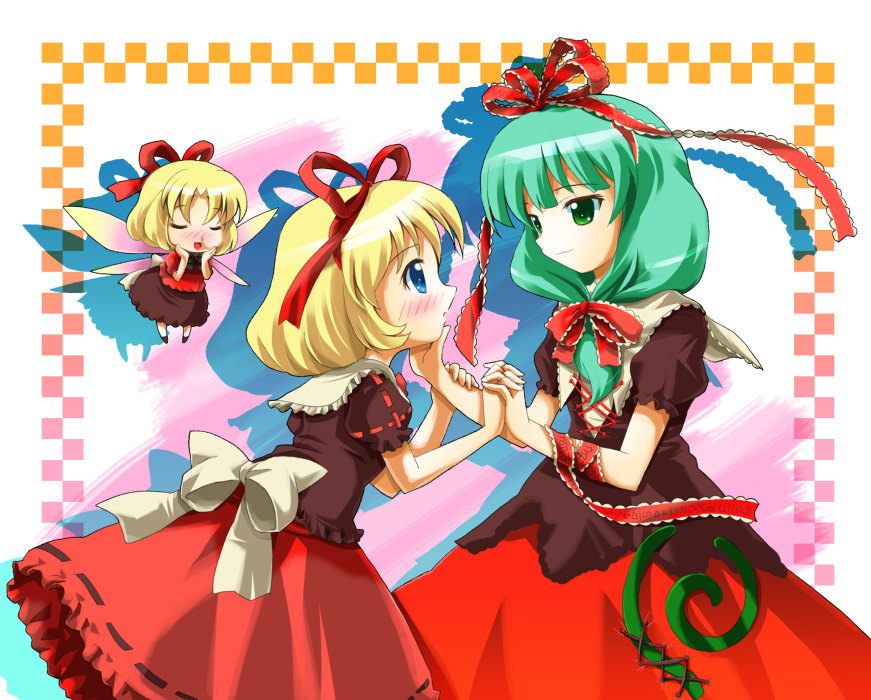 michii yuuki, kagiyama hina, medicine melancholy, su-san, touhou, 2girls, arm ribbon, blonde hair, blue eyes, blush, bow, doll, dress, female focus, flying, front ponytail, gothic lolita, green eyes, green hair, hair bow, hair ribbon, hands on own cheeks, hands on own face, holding hands, interlocked fingers, lolita fashion, multiple girls, open mouth, puffy sleeves, red dress, ribbon, short sleeves, smile