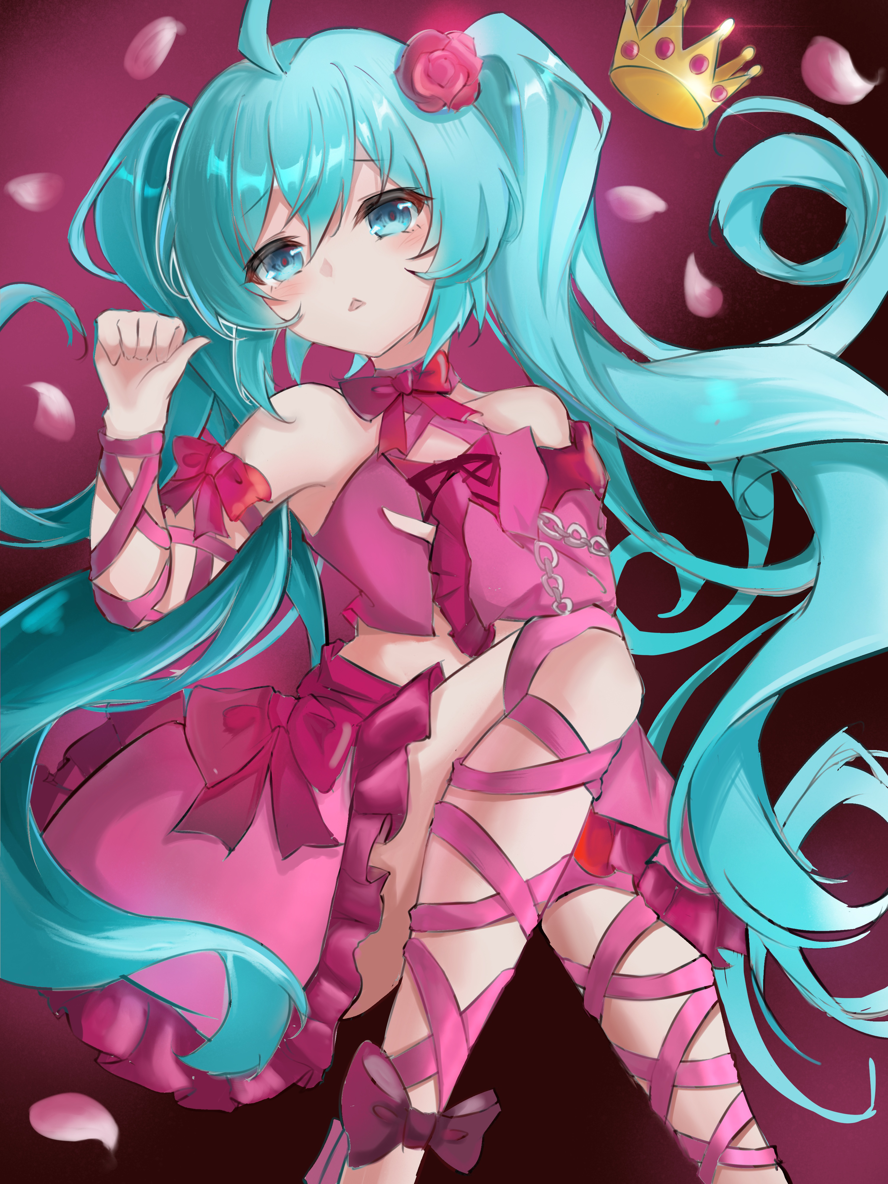 hatsune miku, hatsune miku (vintage dress), project diva (series), project diva 2nd, romeo to cinderella (vocaloid), vocaloid, absurdres, highres, 1girl, 583213088, aqua eyes, aqua hair, bare shoulders, blue hair, crown, detached sleeves, dress, flower, hair flower, hair ornament, long hair, looking at viewer, midriff, navel, open mouth, ribbon, skirt, solo, twintails, very long hair